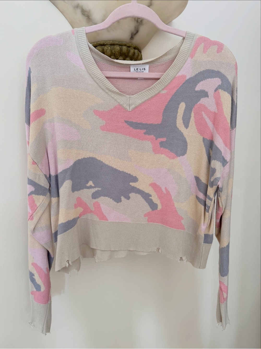 Le Lis Pink Camouflage V-Neck Women's Sweater